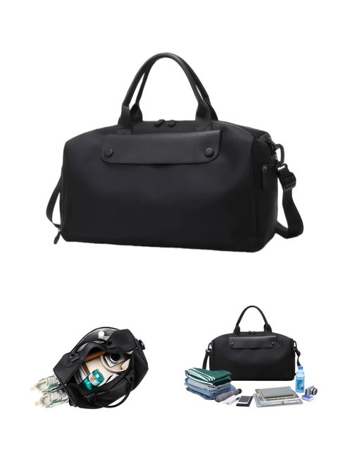 حقيبة دفل رياضية سوداء كبيرة مع عدة أقسام: يمكن حملها بثلاث طرق كحقيبة ظهر/دفل/حقيبة كتف، تشمل جيوب للأحذية وجيوب للملابس الجافة والرطبة للسفر أو الصالة الرياضية أو اليوغا